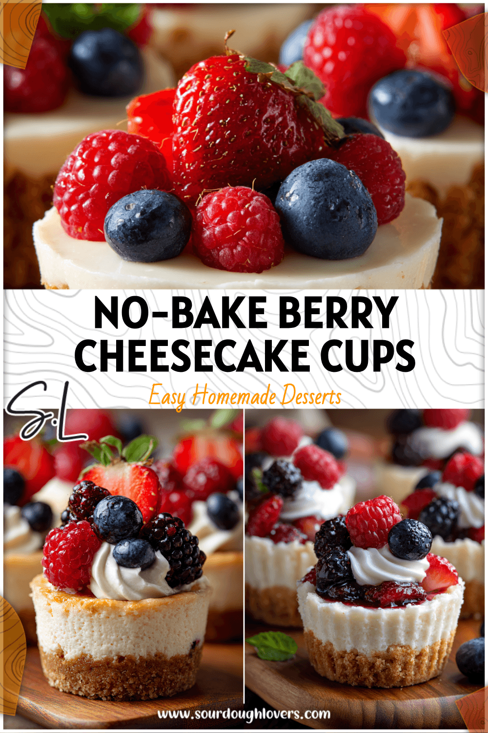 No-bake berry mini cheesecakes in cups topped with fresh berries and cream for a party dessert cup display
